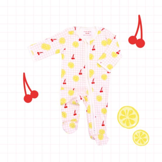 Personalisable Baby Organic Zip Sleepsuit in Lemon & Cherry Print