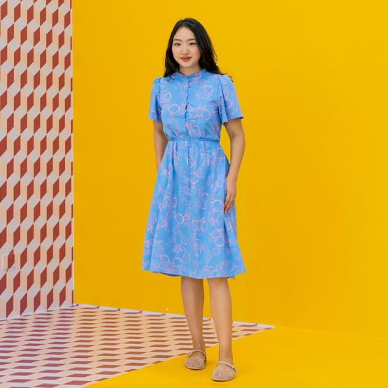Mandarin Orange Series - Ladies Button Down Dress in Blue 