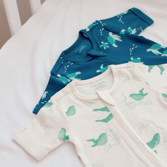 *New* Baby Organic Short Sleeves Zip Sleepsuit in Whale Print (Personalisable)