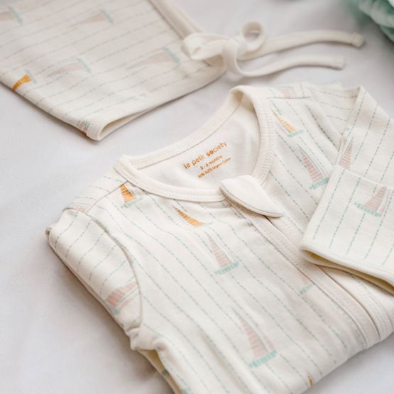 *New* Baby Organic Zip Sleepsuit in Sail Boat Print (Personalisable)