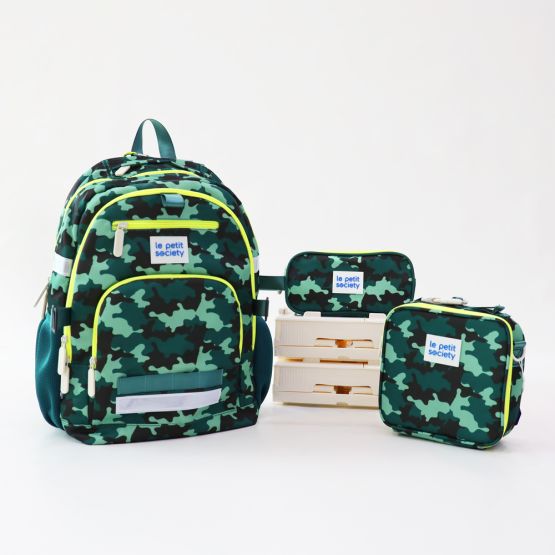 The LPS kids essential school bundle that comes with a double pocket school bag, mini lunch bag and pencil case in camouflage print.