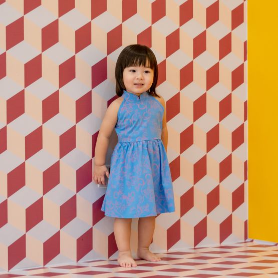 Mandarin Orange Series - Girls Halter Cheongsam in Blue (Personalisable)