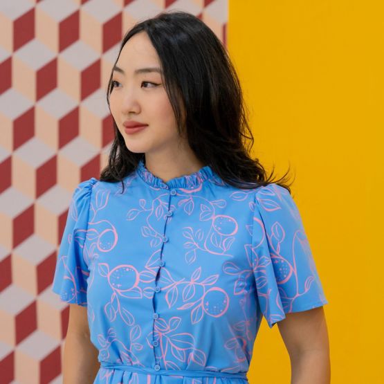 Mandarin Orange Series - Ladies Button Down Dress in Blue 