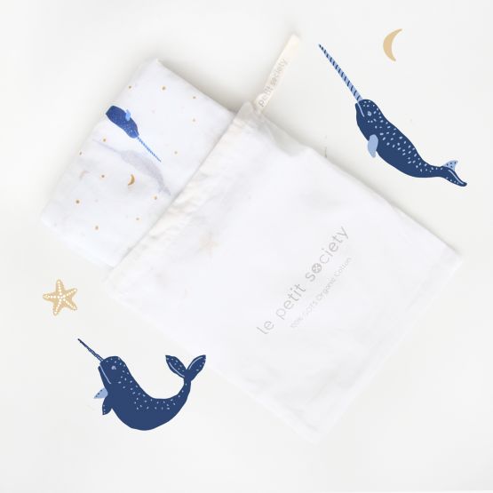 *Bestseller* Personalisable Organic Muslin Swaddle - Narwhal