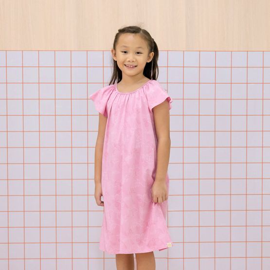 Heritage Series - Girls Dress with Pom Poms in Pink Orchid Print
