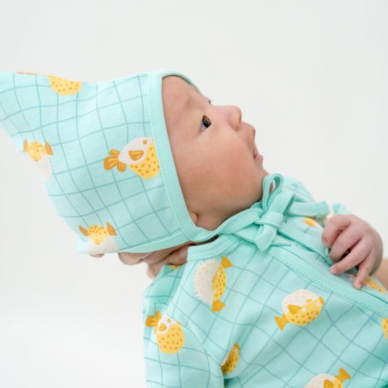 Organic Baby Bonnet Hat in Puffer Fish Print