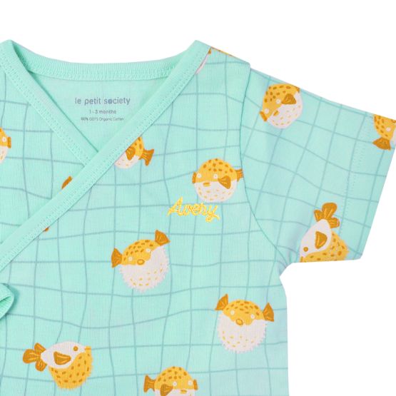 *New* Baby Organic Short Sleeves Kimono Top in Puffer Fish Print (Personalisable)