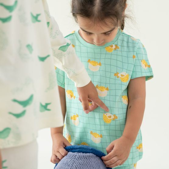 *New* Kids Short Sleeves Organic Pyjamas Set in Puffer Fish Print (Personalisable)
