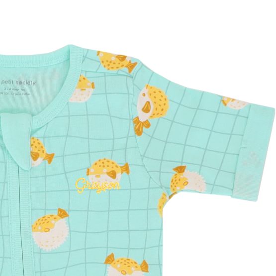 *New* Baby Organic Short Sleeves Zip Sleepsuit in Puffer Fish Print (Personalisable)