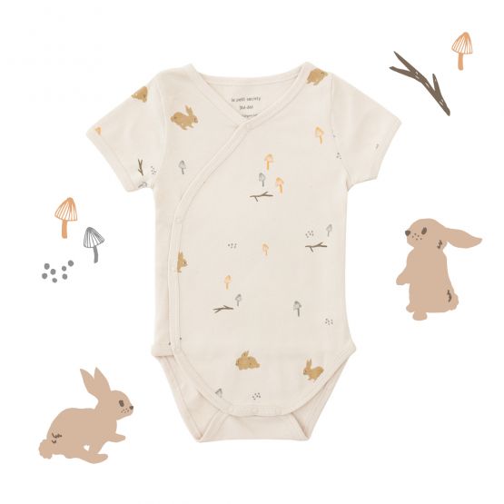 Rabbit Series - Baby Organic Kimono Romper in Beige Rabbit Print (Personalisable)