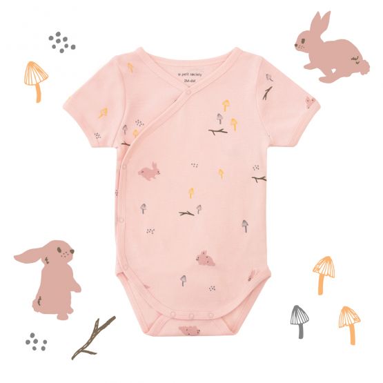 Rabbit Series - Baby Organic Kimono Romper in Pink Rabbit Print (Personalisable)
