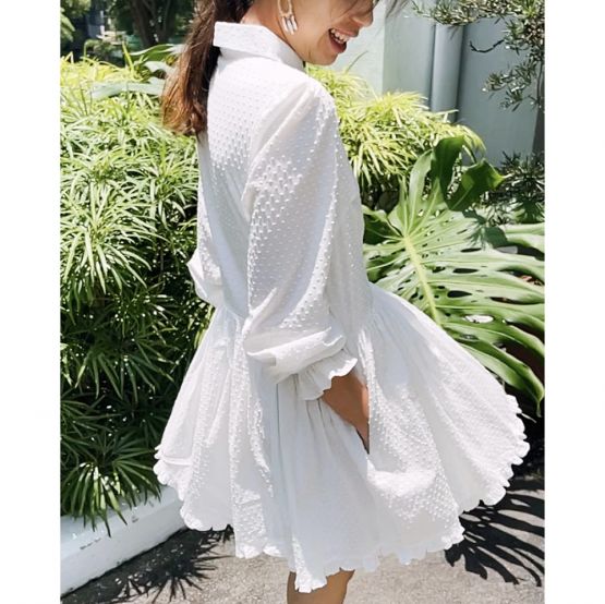 Resort Series - Ladies Shirt Dress in White Swiss Dot Cotton