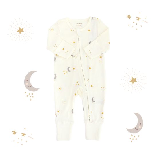 Baby Organic Zip Sleepsuit with Foldable Mittens & Footies - Moon & Stars 