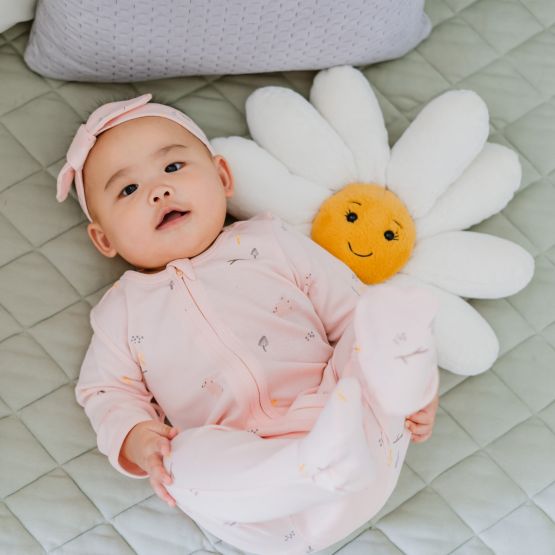Baby Organic Zip Sleepsuit with Foldable Mittens & Footies - Pink Rabbit