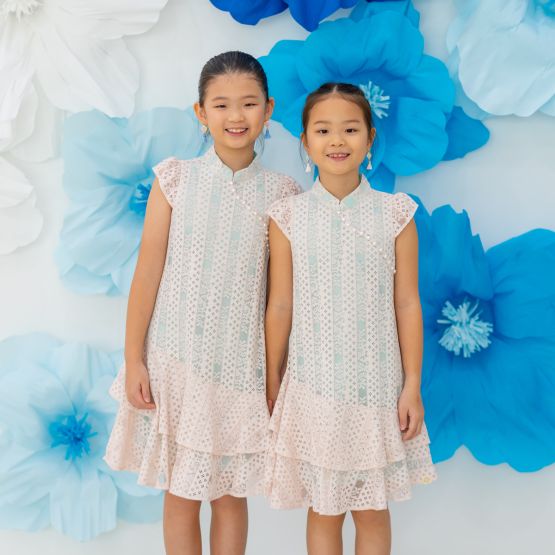 Spring Series - Girls Lace Cheongsam in Pink/Mint Contrast