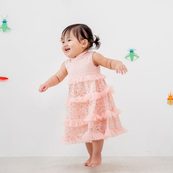 Spring Series - Baby Girl Tiered Dress in Pink Lace 