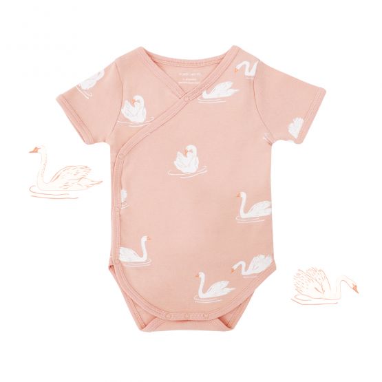 Baby Organic Kimono Romper in Swan Print