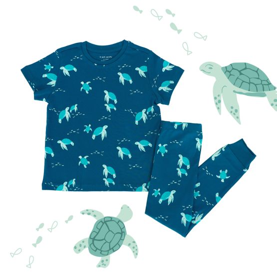 *New* Kids Short Sleeves Organic Pyjamas Set in Turtle Print (Personalisable)