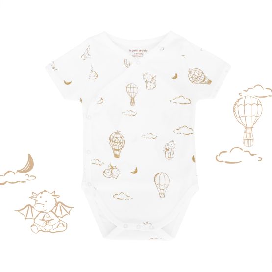 Baby Organic Kimono Romper in Dreamy Dragon - White