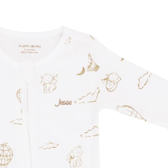 Baby Organic Zip Sleepsuit with Foldable Mittens & Footies - Dreamy Dragon in White 