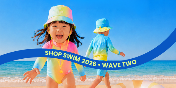 Le Petit Society Swim 2026 Banner with girl and boy on beach in Gradient Swimwear